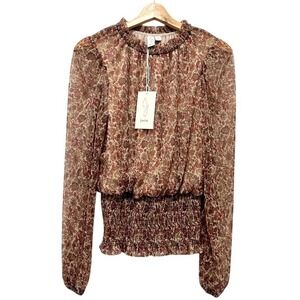 NWT Joie Boho Metallic Smocked Blouse Small Retro Floral Long Sleeve Western